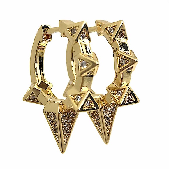 Gold Zircon Spiked Minimalist Earrings, Hoop, Huggie - Picture 5 of 9